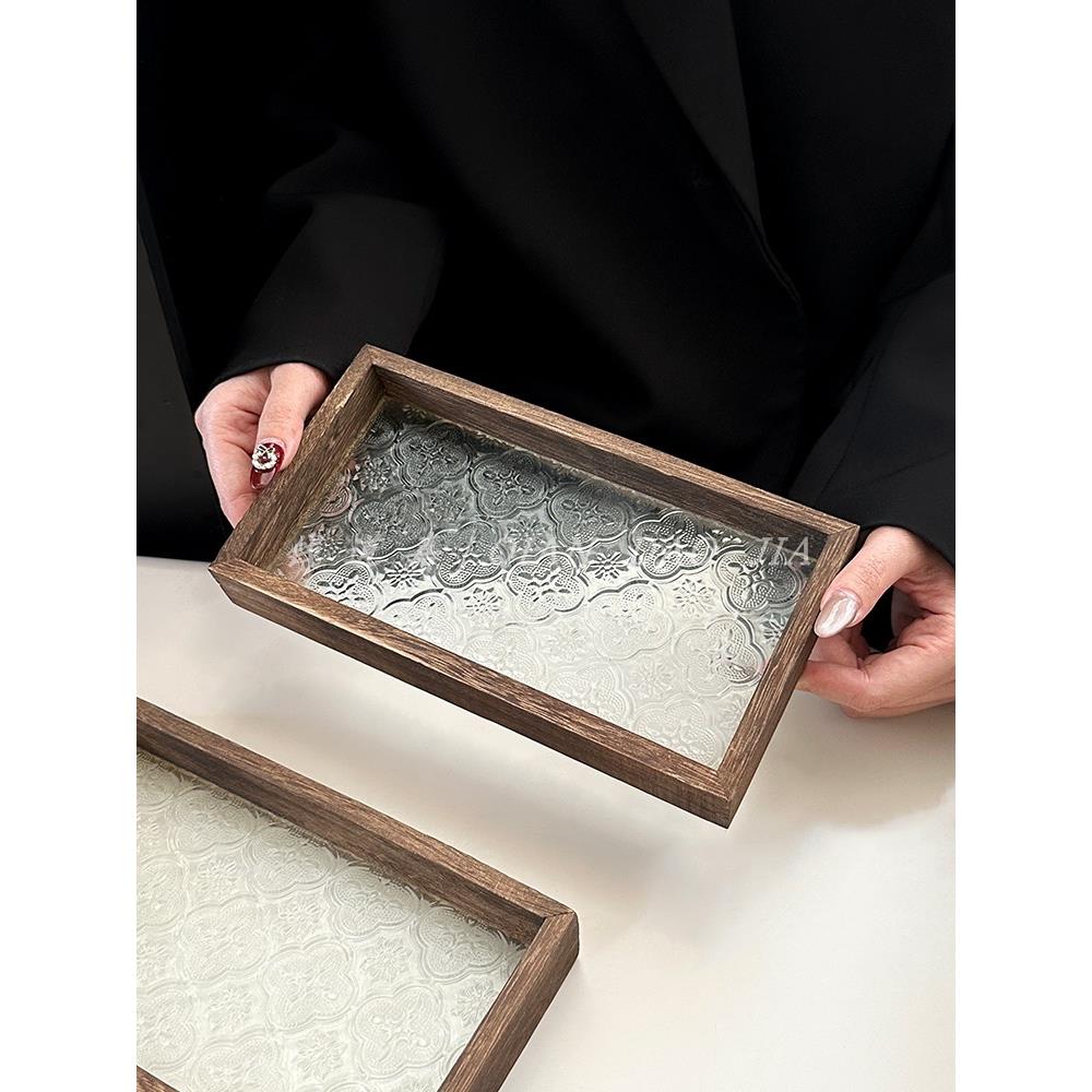 复古新中式海棠花玻璃托盘长方形水果点心盘茶盘收纳摆件木质盘子