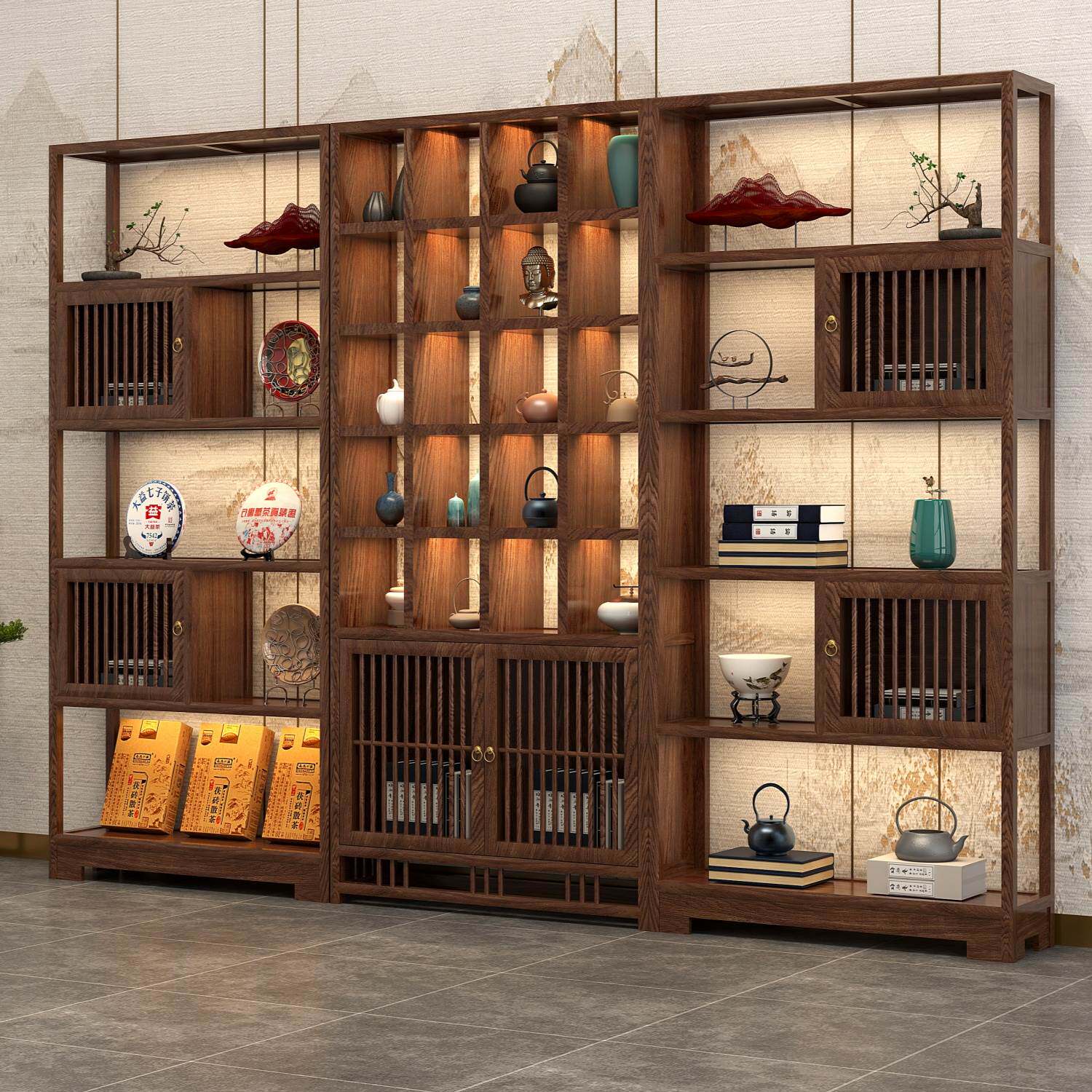 实木茶叶展示柜新中式书架古董置物架多宝阁博古架瓷器玉器摆件柜