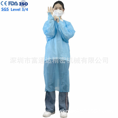 批发FDA 510K一次性CPE拇指扣围裙 35g用于卫生院蓝色清洁围裙