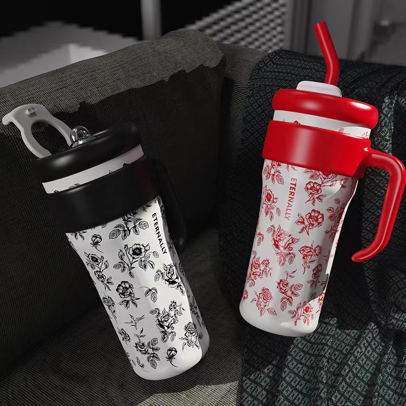巨霸316不锈钢保温杯简约带图案手柄吸管杯户外40oz冰霸杯