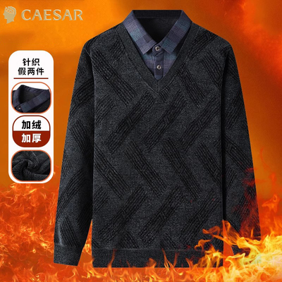 凯撒大帝2025冬季男款纯色条纹打底衫男士长袖翻领休闲舒适上衣J