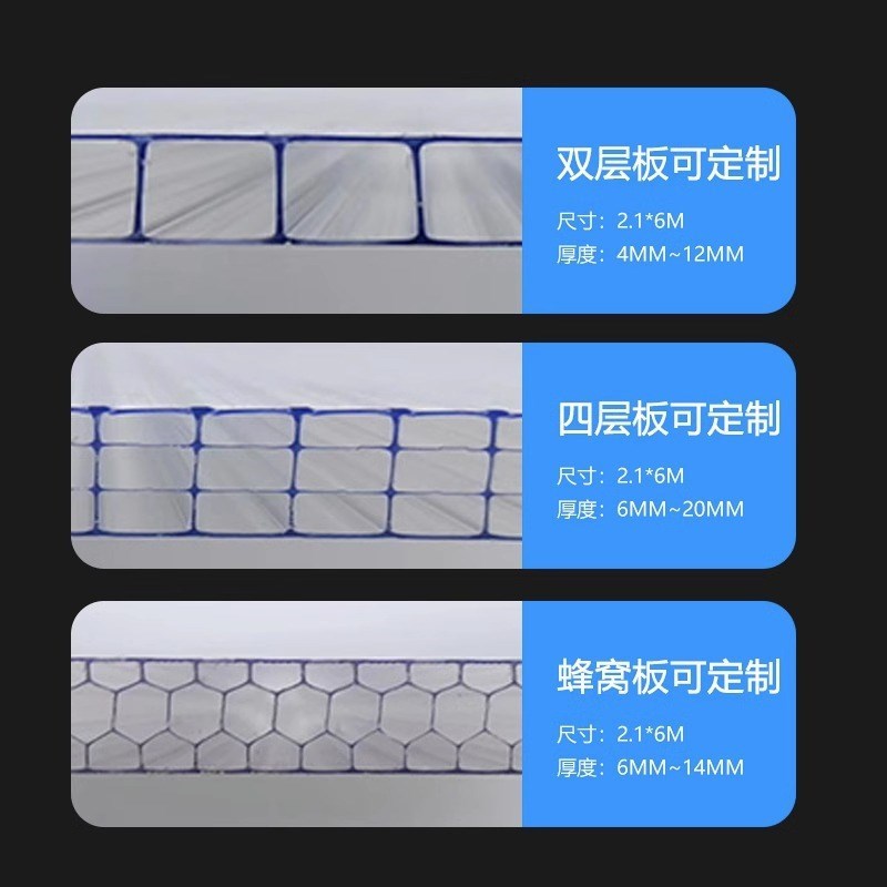 PC阳光板透明瓦雨棚车棚四层蜂窝隔热采光温室中空大棚加厚耐力板