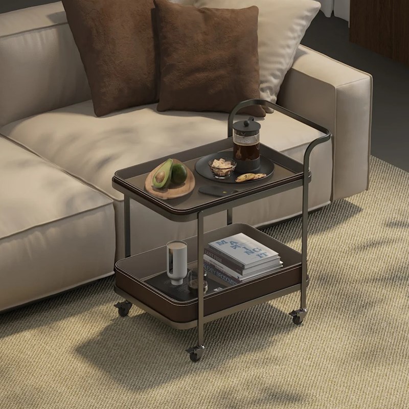 法式复古马鞍皮移动推车边几茶几客厅不锈钢角几带轮置物架床头柜