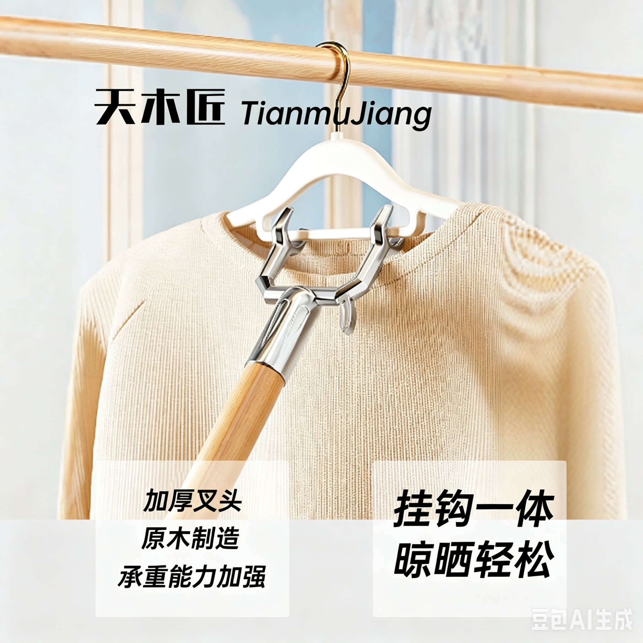 【加粗防滑】实木撑衣杆晾衣杆晒衣叉晒衣杆一整根阳台取晾衣神器图片