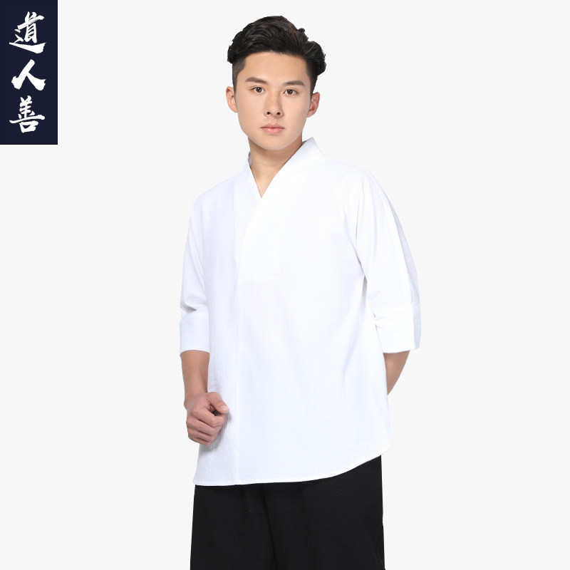 道人善道士休闲上衣斜襟V领短袖T恤中国风禅修居士服