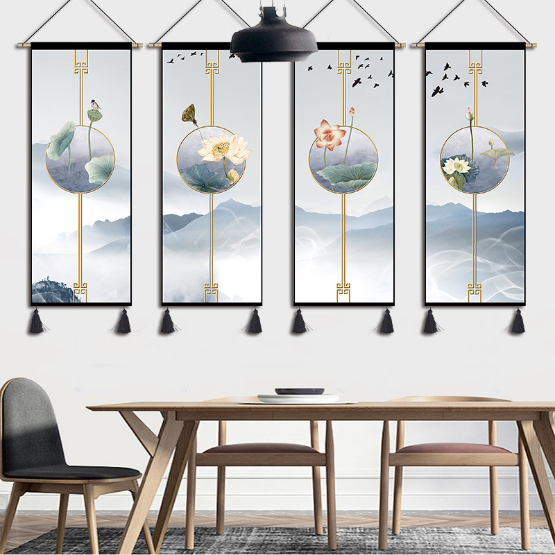 创意装饰画荷花新中式挂画现代客厅书房走廊过道楼梯壁画竖中国风图片