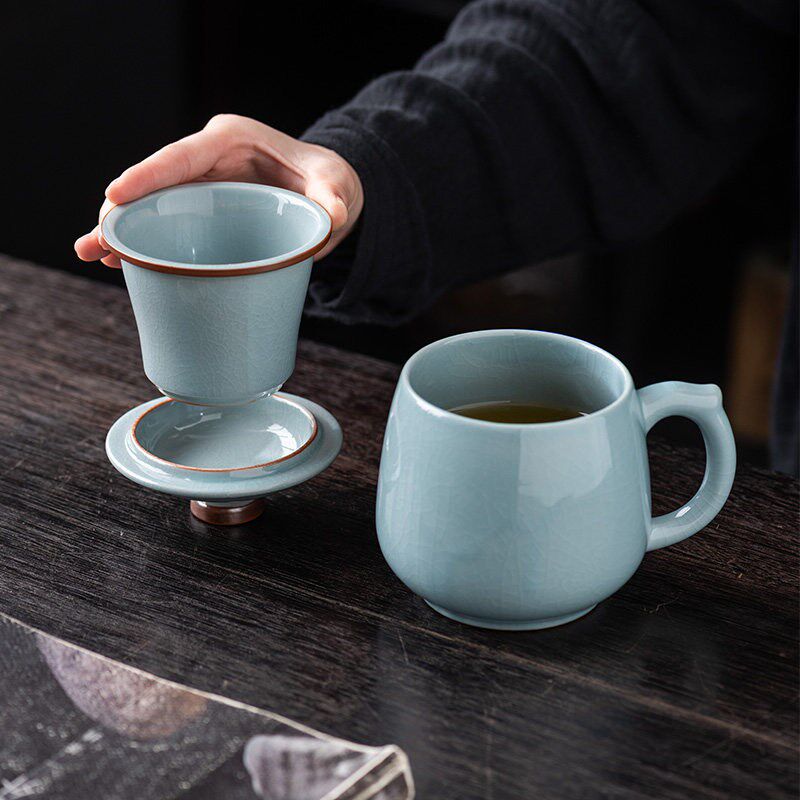 天青办公杯茶水分离办公室带盖陶瓷茶杯I可养开片过滤泡茶水杯礼