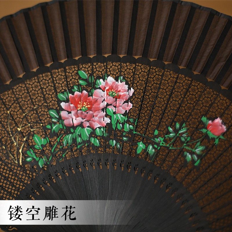 吉善扇子 6寸雕刻n折扇真丝女式扇中国风手绘扇镂空竹扇出国礼品