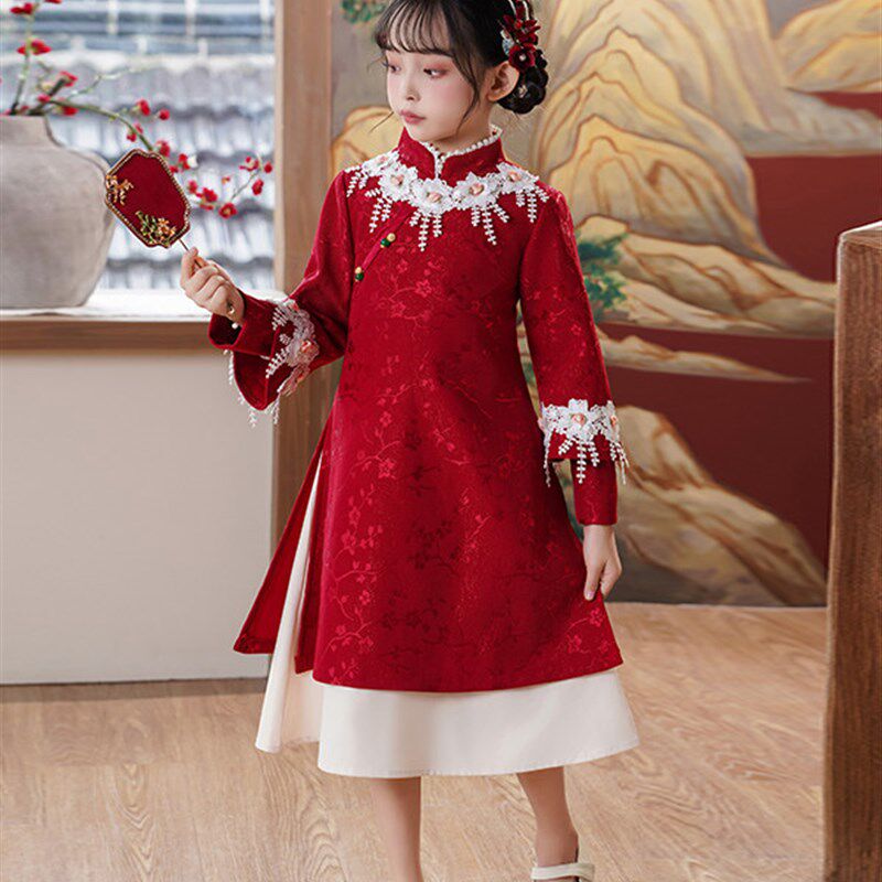 女童旗袍红色新款连衣裙新中式改良裙子中国风儿童公主Y裙婚礼礼