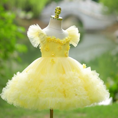 女童礼服轻奢小j众高端模特走秀钢琴演奏小主持人黄色演出服蓬蓬