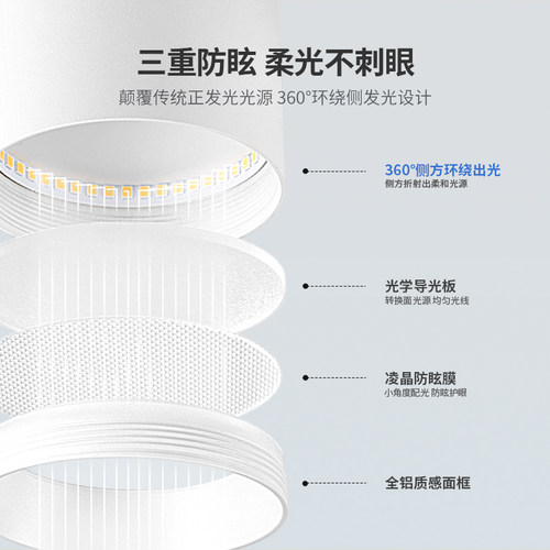 全光谱防眩护眼明装筒灯LED侧面灯带发K光三重吸顶式简约家用客厅