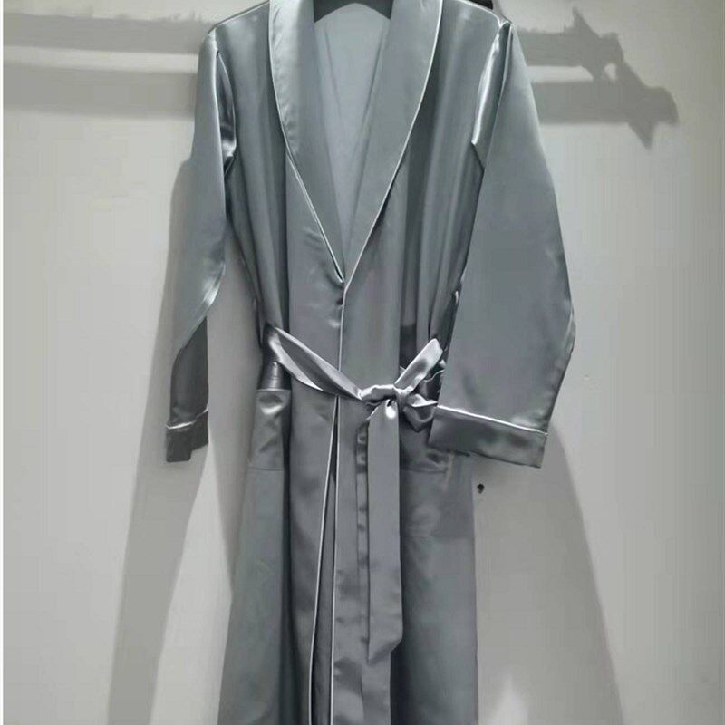 定制重磅真丝睡袍长款100%桑蚕B丝系带浴袍家居服新娘晨袍男士睡