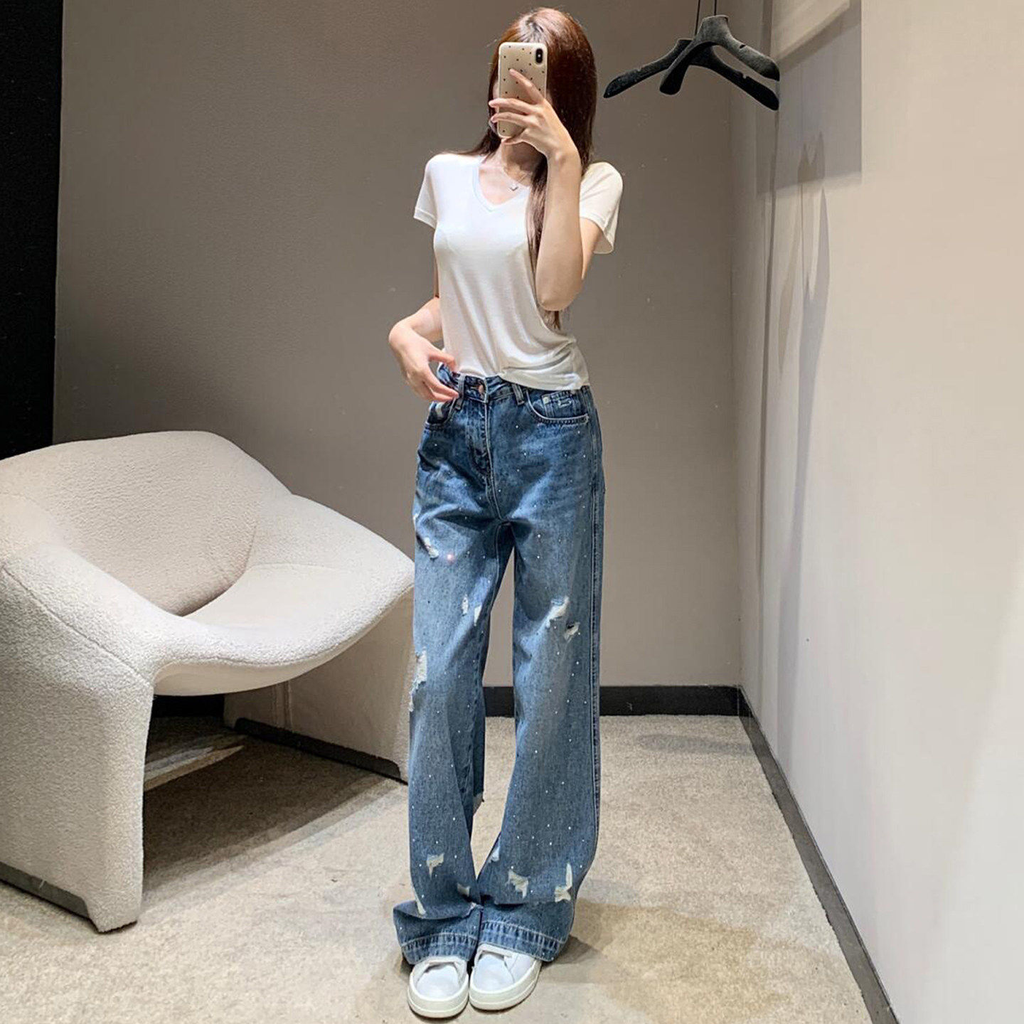 ROUUE STAR25破洞设计做法式牛仔高端腿女装长裤钻感烫夏季旧高腰
