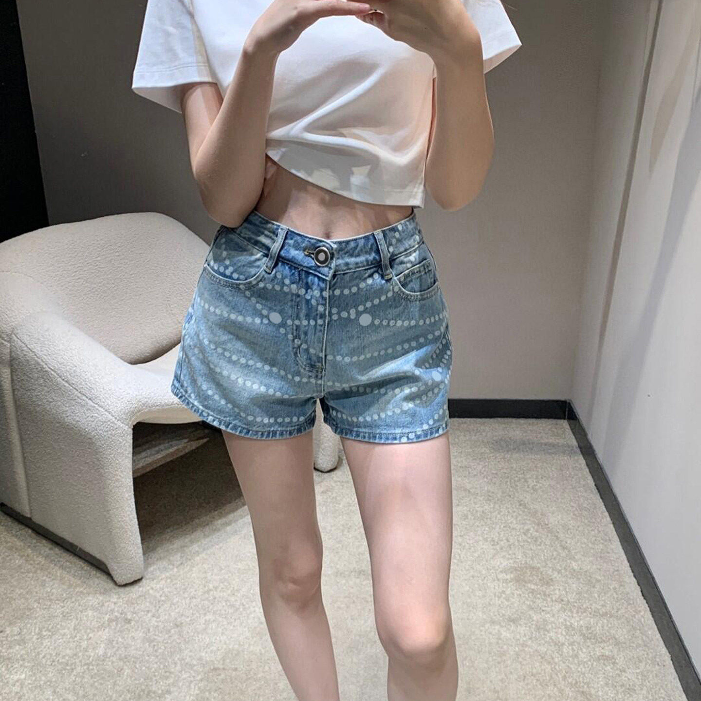 ROUUE STAR风阔腿印花高端短裤休闲女装】百搭法式千金夏季牛仔