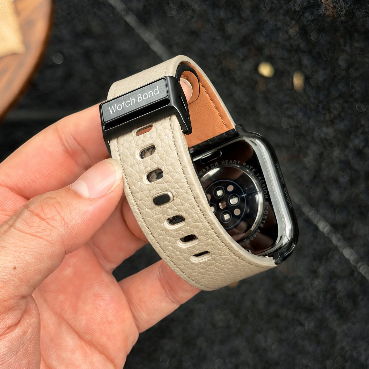 LINEVEK适用苹果applewatch手表s11表带新款ultra2男荔枝纹真皮10智能iwatch3专用腕带夏季98765高级运动透气