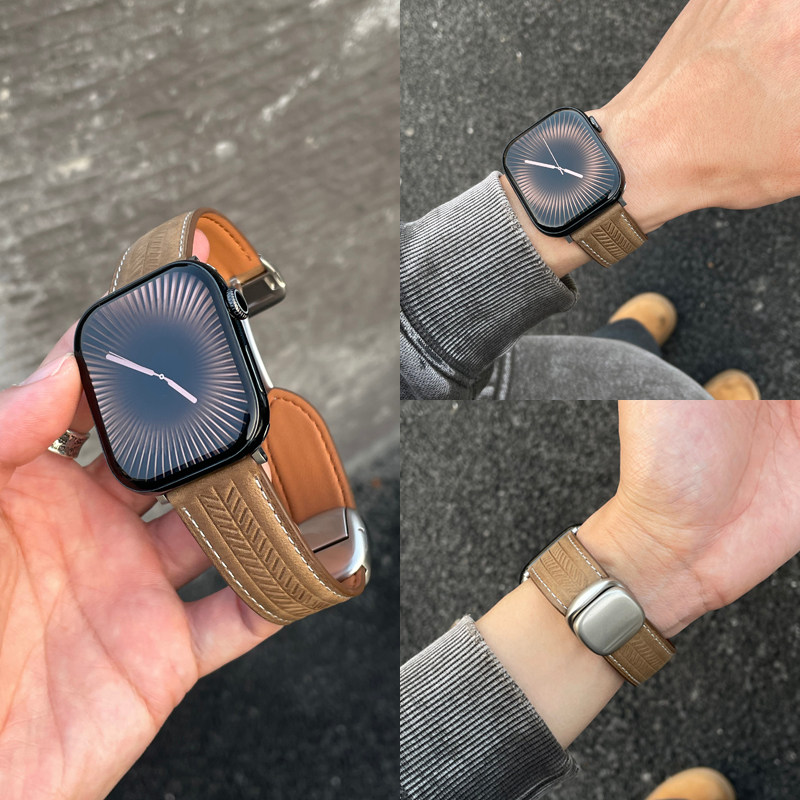 LINEVEK适用苹果applewatch手表表带ultra3新款11质感10高级SE男士真皮iwatch智能专用替换磁吸腕带秋冬98765