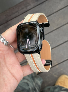 LINEVEK适用applewatch苹果手表s11表带S10编织S9男士磁吸真皮ultra2新款iwatch专用替换配件S8腕带SE高级765