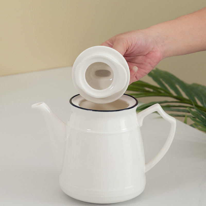 茶壶简约白色陶瓷客厅茶具套装 耐用高温可泡茶白瓷杯米黄色托盘