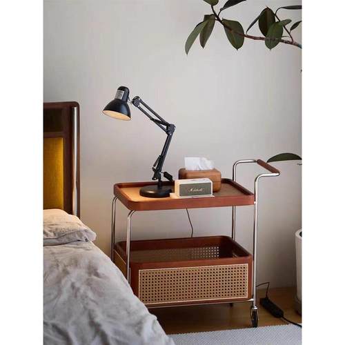 中古实木边几可移动小户型高级藤编极简复古侘寂风沙发茶几小推车