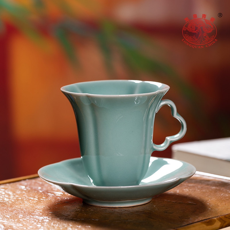 龙泉青瓷咖啡杯碟套装带勺子创意陶瓷杯子家用高档精致下午红茶杯