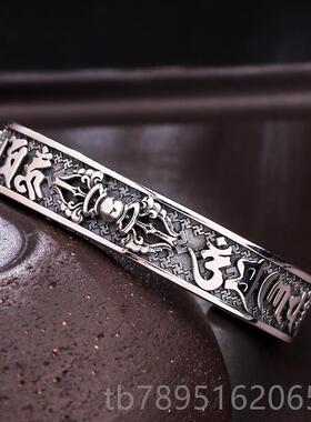 高档S925银性复古手工银刚六字真言杵个小众潮人金男士开口手镯子
