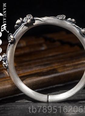 高档寸银实坊云南手制复古作立体高工艺雕刻工圆柱心梅花手镯.匠