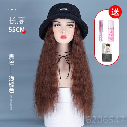 高档假发帽羊子一体女时尚长卷发羊毛绒渔夫帽羔子毛卷拆假发盆帽