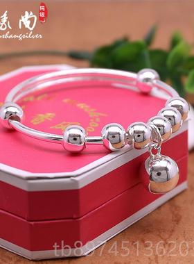 正品尚银镯光面99纯银银镯子女手款日韩版足简约时铃铛手镯送女友