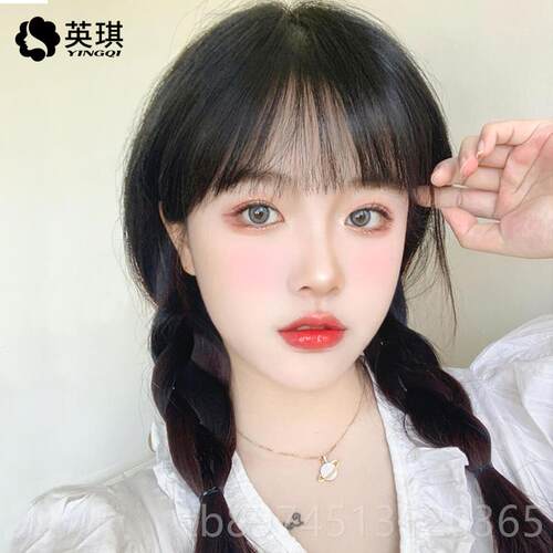 正品英琪假发发女空气刘海麻直发自然蓬松双花辫真人发丝头套韩式