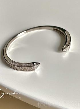 正品TYS2HA重工闪U钻群镶S95纯银镯女开口轻奢小众礼物手气质高级