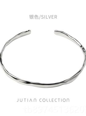 正品JUTIAN冷淡风金色S9个25纯银手女简约不规凸则凹面性银手环镯