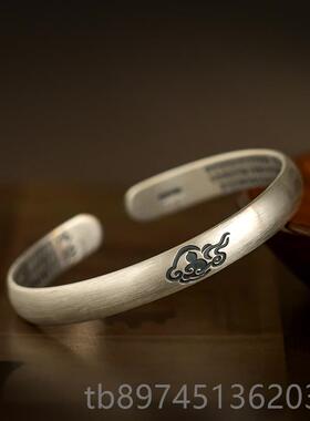 正品99年纯莲花心经手镯足银轻款民族复古风实心银开口刻字送9妈