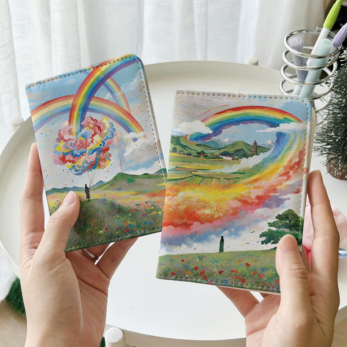 水彩彩虹画护照夹证件包保护套多