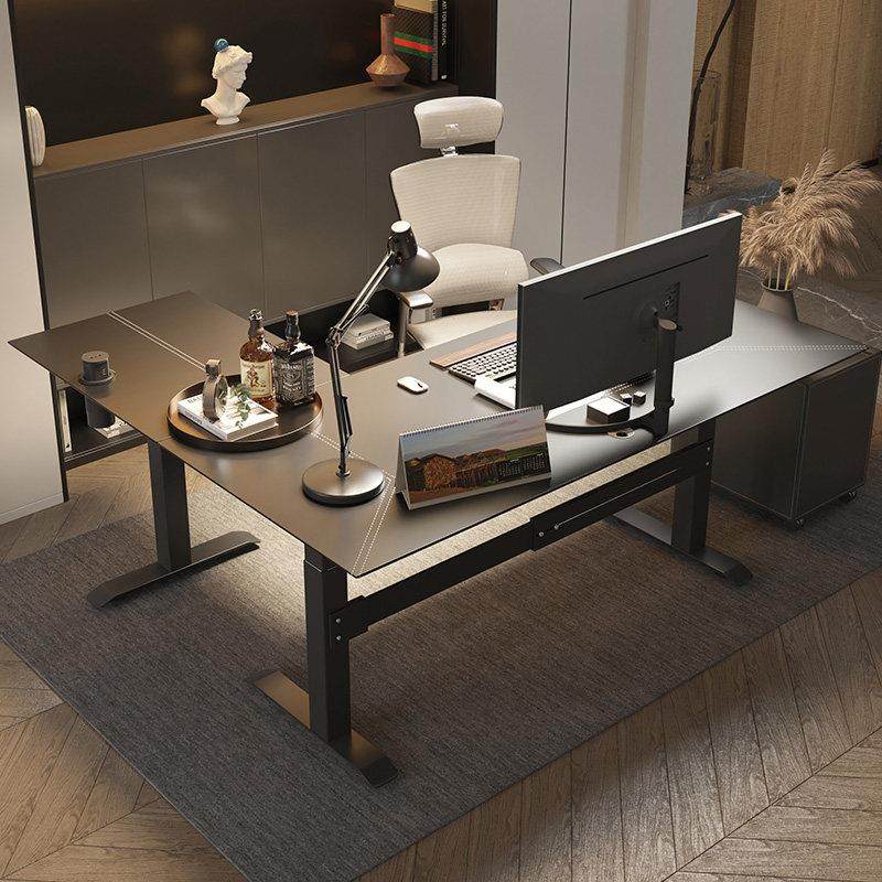 智芯转角电动升降桌电脑桌台式办公桌L型家用拐角皮面书桌工作台