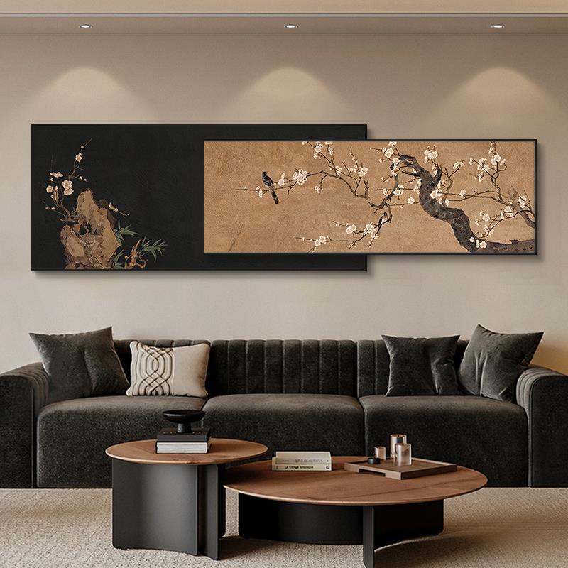 中古风客厅复古花鸟竹子装饰画卧室床头高级感横幅叠加组合挂画框