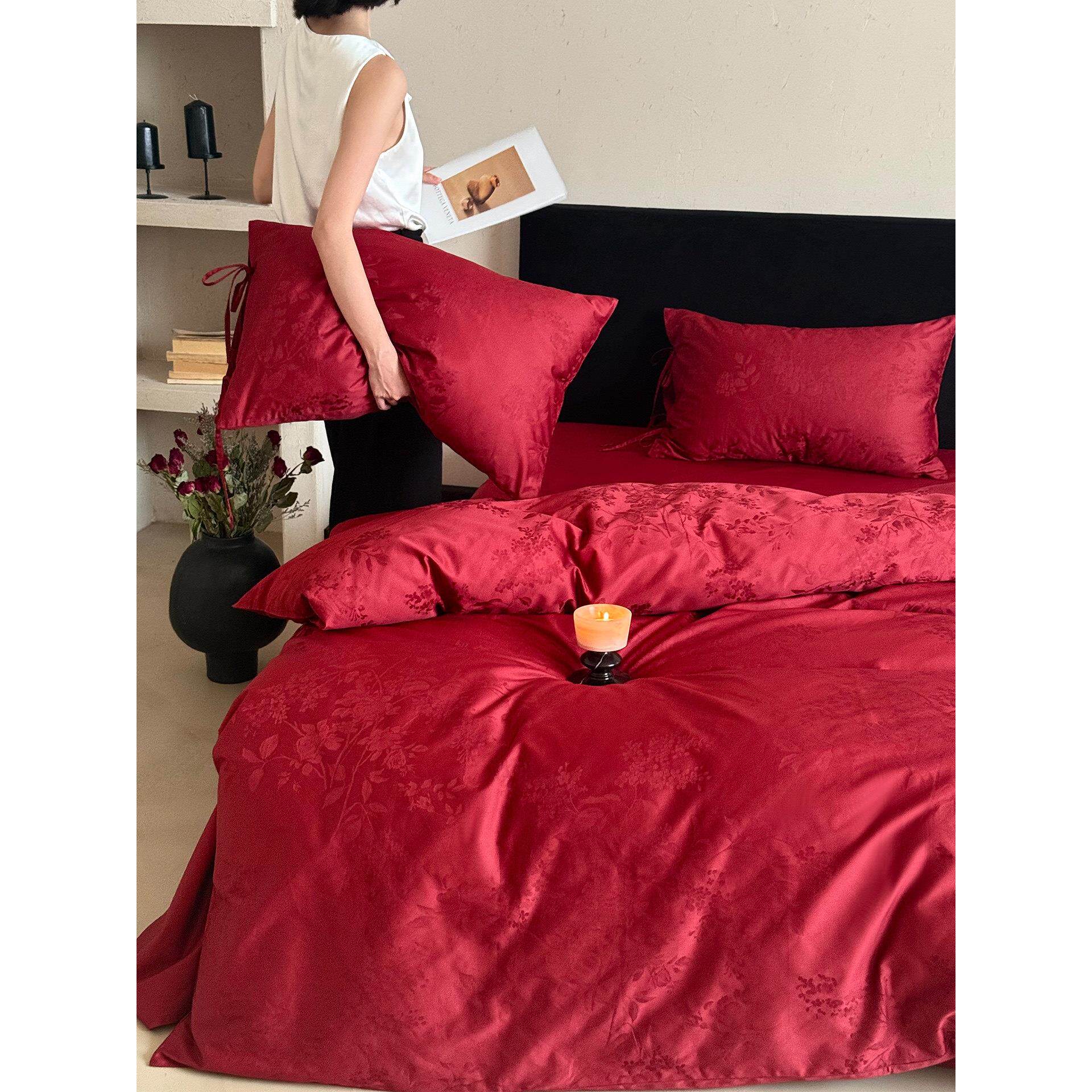 轻奢精美提花婚庆四件套绑带枕套100S长绒棉红色结婚被套床单床笠