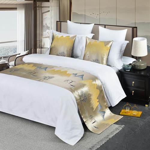 新中式酒店宾馆民宿客栈床搭巾装饰绿色床尾巾蓝色山水画 画轻奢