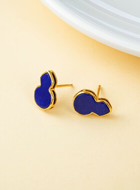 云上叙S925银镶嵌青金石平安葫芦耳钉新中式耳饰V93786-E（商城）