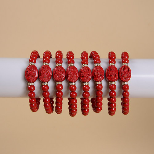 保真朱砂雕刻八大守护神单圈手串