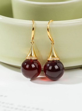 云上叙S925银镶嵌血珀圆珠耳坠精致耳钩V65134-E（商城）
