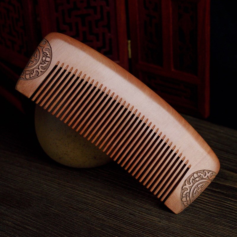 郎府天然正宗老桃木整木雕花款梳子顺发密齿款古典造型细齿礼品梳