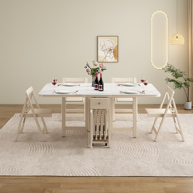 实木折叠餐桌家用小户型可移动收纳奶油风岩板长方形吃饭折叠桌子