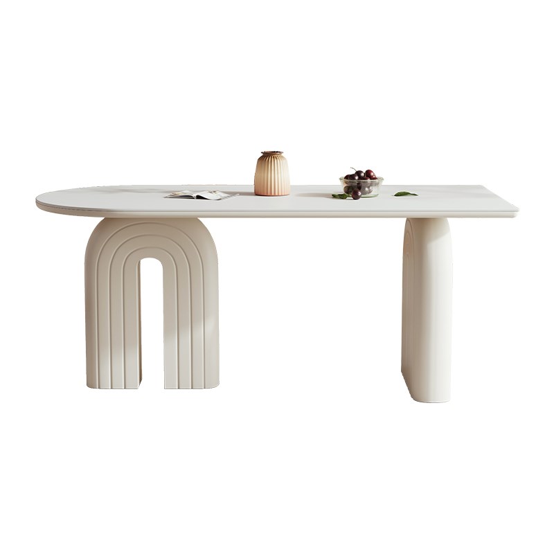 法式奶油风岩板餐桌椅组合现代简约家用小户型半圆靠墙纯白吃饭桌