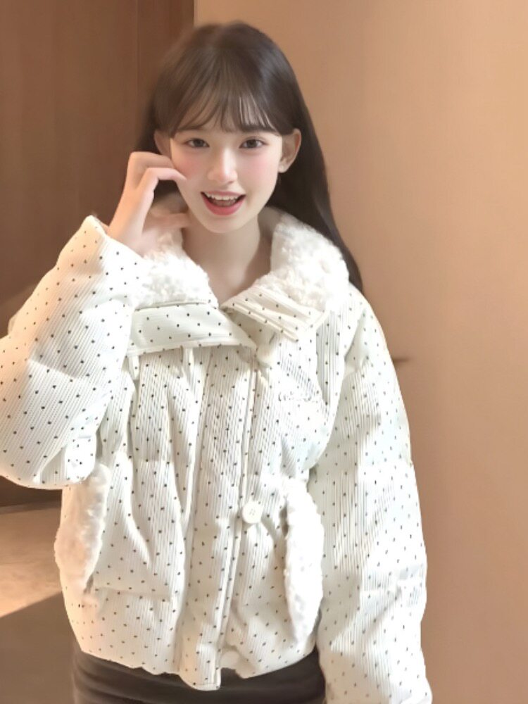 2025新款韩系甜美风波点毛领羽绒棉服外套女秋冬季宽松加厚保暖短