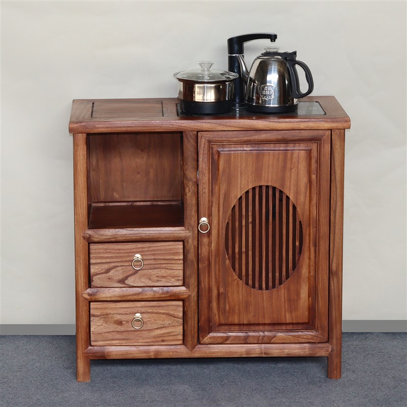 新中式茶水柜简约客厅实木餐边柜榆木移动小茶台多功能置物架矮柜