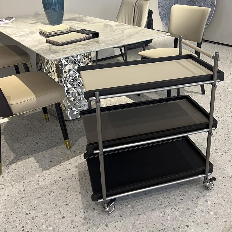 极简可移动沙发边几置物架设计师款轻奢马鞍皮小推车实木三层边几