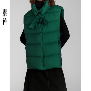 素芭复古系带羽绒马甲女冬季 百搭外套SV0875 蝴蝶结小立领设计时尚