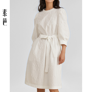 中长裙SF0885 百搭收腰泡泡袖 素芭浮雕肌理感气质连衣裙女春季 时尚