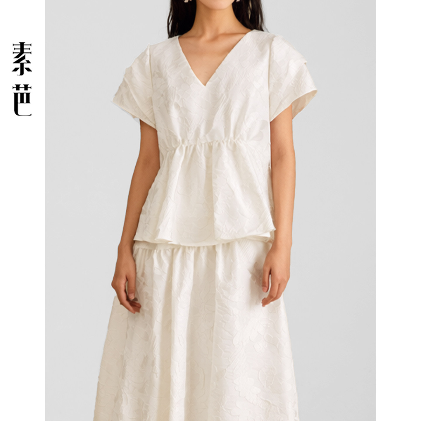 素芭法式V领暗纹提花上衣女夏季腰部抽褶设计时尚短袖小衫SS1015