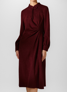 素芭新中式立体捏褶连衣裙女冬季结绳盘扣设计时尚百搭长裙SF0761